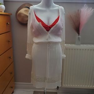 White Long Sleeved Cotton Beach Slip On Cover Up Dress